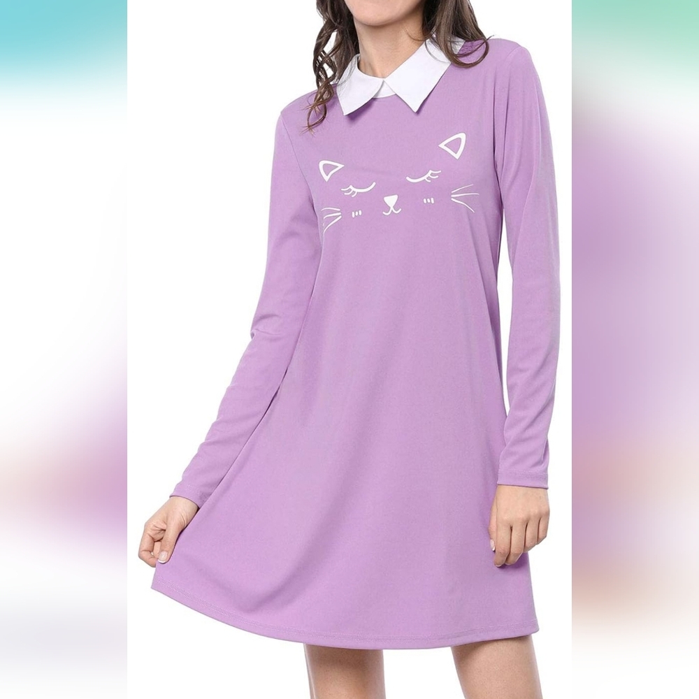 Allegra K Women's Cat Face Printed Contrast Collar Swing Flare Mini Dress XL